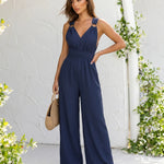 Navy Metal Ring Strap Deep V Wide Leg Jumpsuit