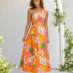 Multicolor Tropical Leaf Print One Shoulder Cutout Midi Dress