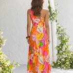 Multicolor Tropical Leaf Print One Shoulder Cutout Midi Dress