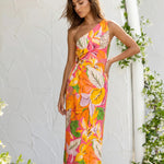 Multicolor Tropical Leaf Print One Shoulder Cutout Midi Dress
