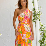 Multicolor Tropical Leaf Print One Shoulder Cutout Midi Dress