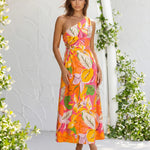Multicolor Tropical Leaf Print One Shoulder Cutout Midi Dress