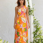 Multicolor Tropical Leaf Print One Shoulder Cutout Midi Dress