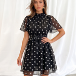 Black Polka Dot Ruffle Neck Flutter Sleeve Mini Dress