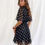 Black Polka Dot Ruffle Neck Flutter Sleeve Mini Dress