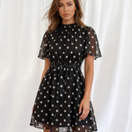 Black Polka Dot Ruffle Neck Flutter Sleeve Mini Dress