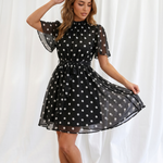 Black Polka Dot Ruffle Neck Flutter Sleeve Mini Dress
