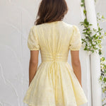 Pale Yellow Eyelet Embroidery Puff Sleeve V Neck Mini Dress