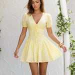 Pale Yellow Eyelet Embroidery Puff Sleeve V Neck Mini Dress