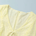 Pale Yellow Eyelet Embroidery Puff Sleeve V Neck Mini Dress