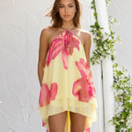 Yellow Floral Print Halter Layered Mini Dress
