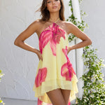 Yellow Floral Print Halter Layered Mini Dress