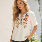 Off White Boho Floral Embroidered 3/4 Sleeve Blouse