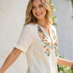 Off White Boho Floral Embroidered 3/4 Sleeve Blouse