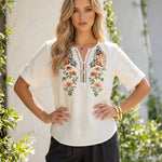 Off White Boho Floral Embroidered 3/4 Sleeve Blouse