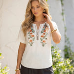 Off White Boho Floral Embroidered 3/4 Sleeve Blouse