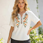 Off White Boho Floral Embroidered 3/4 Sleeve Blouse