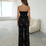 Brown Polka Dot Tube Top Wide Leg Pants Set