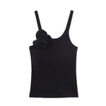 White 3D Flower Applique Ribbed Knit Regular Length Tank Top