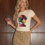 Cream Frida Kahlo Floral Butterfly Portrait Crew Neck T‑Shirt