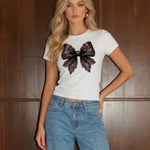 White Gradient Pink Lace Bow Crew Neck T‑Shirt