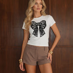 White Black Lace Bow Crew Neck T‑Shirt