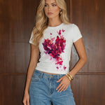 White Pink Red Butterfly Heart Crew Neck T‑Shirt