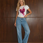 White Pink Red Butterfly Heart Crew Neck T‑Shirt