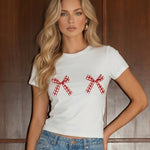 White Red Gingham Double Bow Crew Neck T‑Shirt