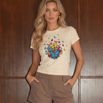 Cream Multicolor Butterfly Graphic Crew Neck T‑Shirt