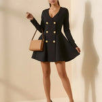 Gold Button Pleated Peplum-Hem Blazer Dress