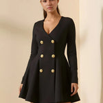 Gold Button Pleated Peplum-Hem Blazer Dress