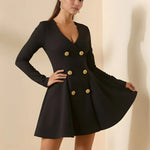 Gold Button Pleated Peplum-Hem Blazer Dress