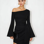 Off Shoulder Bell Sleeve Tie Side Ruched Mini Dress