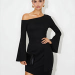 Off Shoulder Bell Sleeve Tie Side Ruched Mini Dress