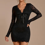 Lace Bow V-Neck Bodycon Mini Dress