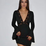 Deep V Neck Lace Patchwork Bell Sleeve Mini Dress