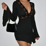 Deep V Neck Lace Patchwork Bell Sleeve Mini Dress