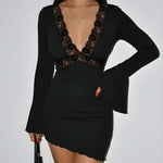 Deep V Neck Lace Patchwork Bell Sleeve Mini Dress