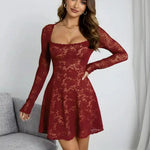 Square Neck Ruffle Hem Lace Mini Dress