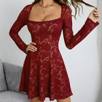 Square Neck Ruffle Hem Lace Mini Dress