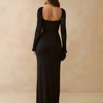 Black Sequin Long-Sleeved Side Split Maxi Dress