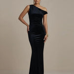 Black One-Shoulder Velvet Mermaid Maxi Dress
