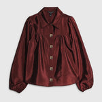 Burgundy Satin Decorative Buttons Puff Sleeve T-Shirt