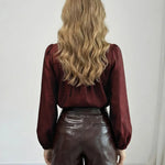 Burgundy Satin Decorative Buttons Puff Sleeve T-Shirt