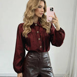 Burgundy Satin Decorative Buttons Puff Sleeve T-Shirt