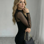Black Mesh Turtleneck Sparkle Polka Dot Midi Dress