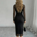 Black Mesh Turtleneck Sparkle Polka Dot Midi Dress