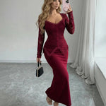 Burgundy French Lace Sweetheart Neck Midi Dress