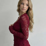 Burgundy French Lace Sweetheart Neck Midi Dress